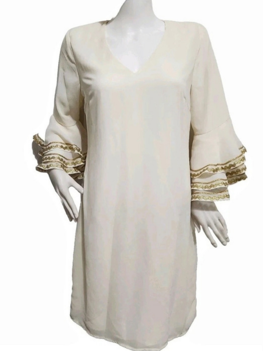 Julie Brown Women's Cream Shift Dress Bell Sleeves Gold Lace Trim Size 8 NWT 07